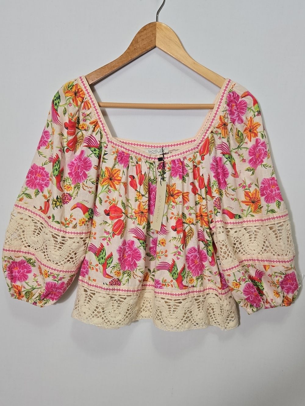 Rachel Zoe Linen Blend Tropical Crochet Top Size M Vacation Resort Boho